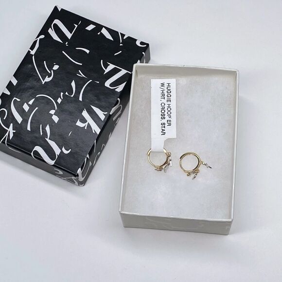 Carla Nancy B. 14k Gold Huggie Hoop earrings with star and cross charm - Picture 2 of 7